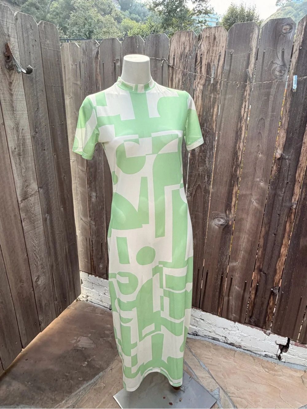 Peppermayo sheer green & Cream Geometric Maxi Dress size 10